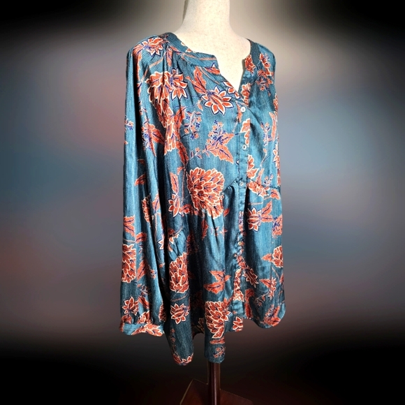 Suzanne Betro Silky Floral Bohemian Button down Blouse Size 2x Scoop V-neck - Picture 1 of 15